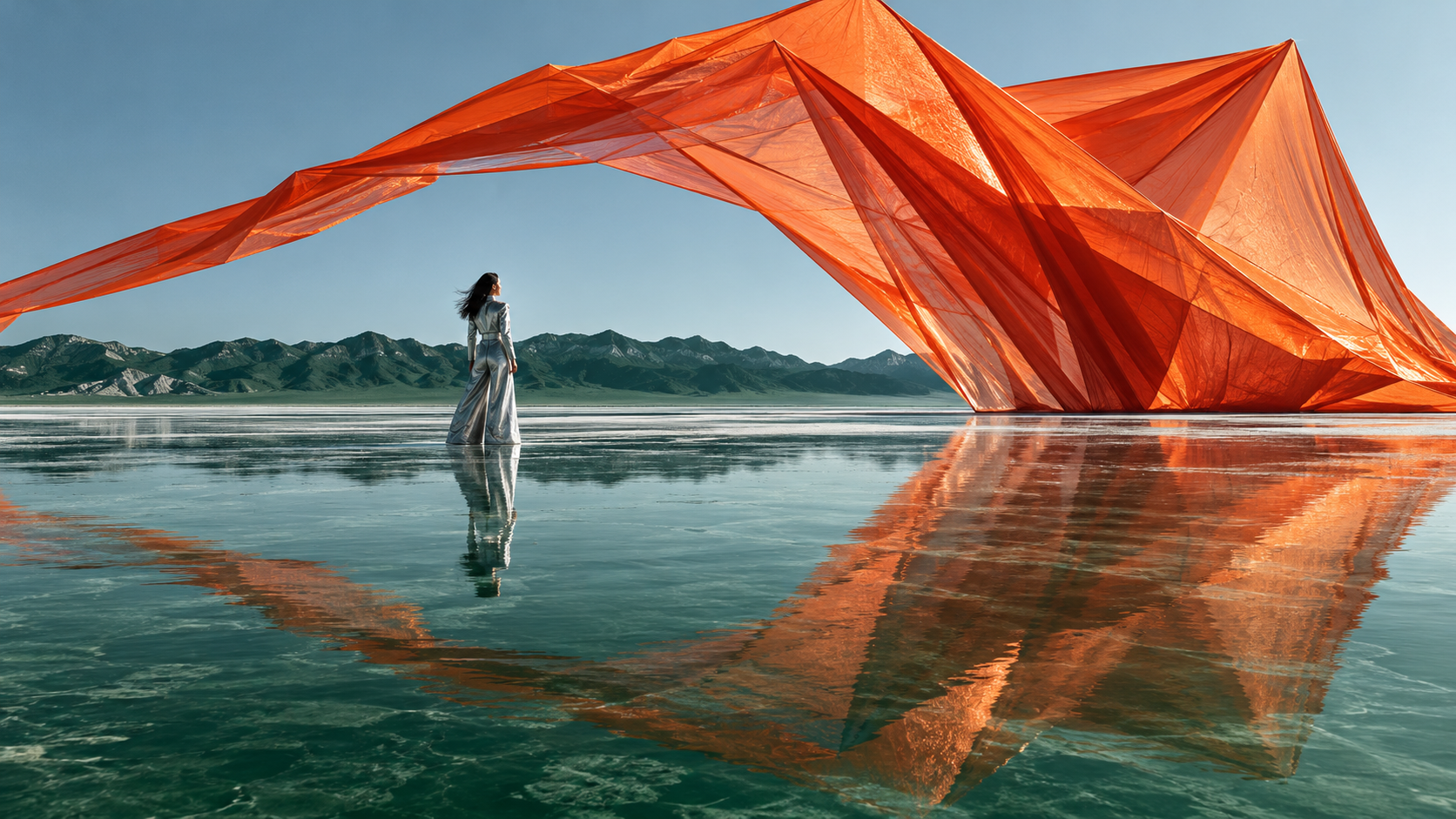 An enormous orange fabric sculpture suspended over a reflective landscape, original concept artwork